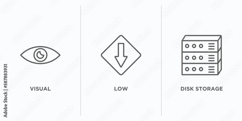 Poster user interface outline icons set. thin line icons such as visual, low, disk storage vector. linear i