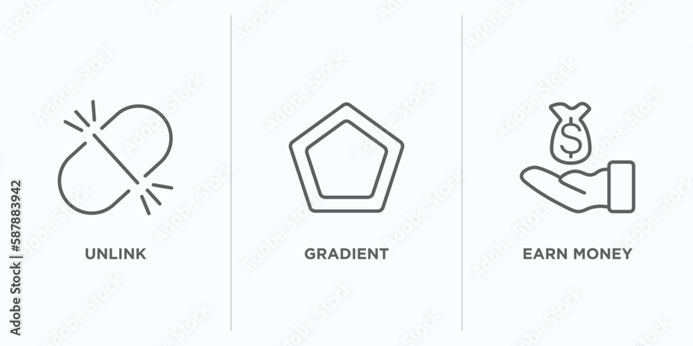 Poster user interface outline icons set. thin line icons such as unlink, gradient, earn money vector. linea