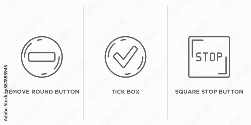 Poster user interface outline icons set. thin line icons such as remove round button, tick box, square stop
