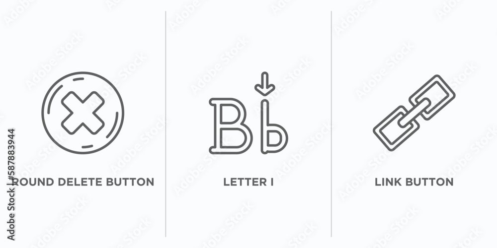 Poster user interface outline icons set. thin line icons such as round delete button, letter i, link button