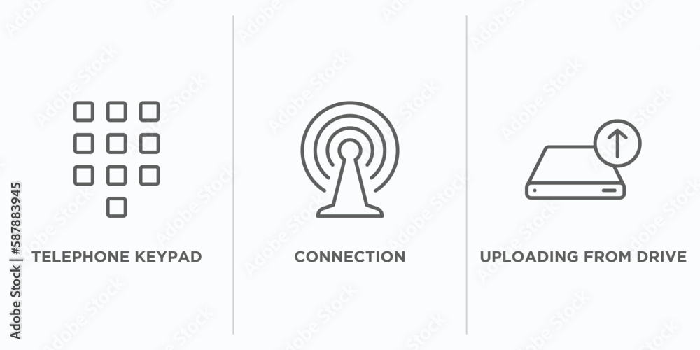 Poster collection. thin linear outline icons set. thin line icons such as telephone keypad, connection, upl
