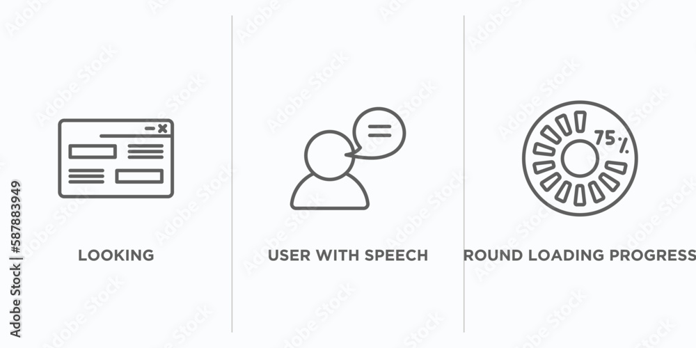 Poster user interface outline icons set. thin line icons such as looking, user with speech bubble, round lo
