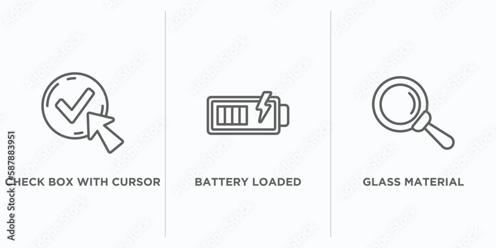 Poster user interface outline icons set. thin line icons such as check box with cursor, battery loaded, gla
