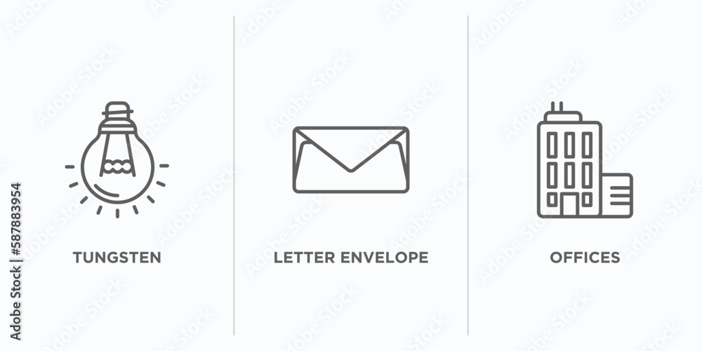Poster user interface outline icons set. thin line icons such as tungsten, letter envelope, offices vector.