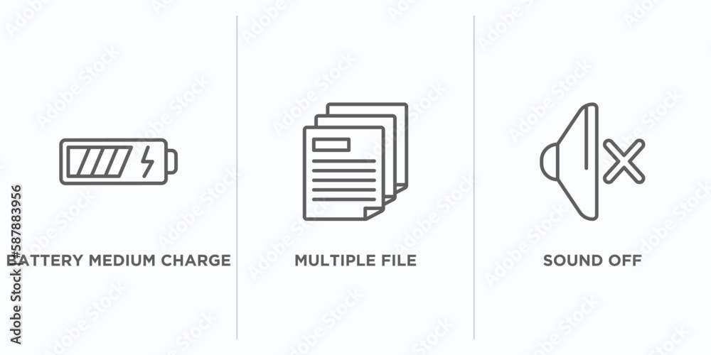 Poster user interface outline icons set. thin line icons such as battery medium charge, multiple file, soun
