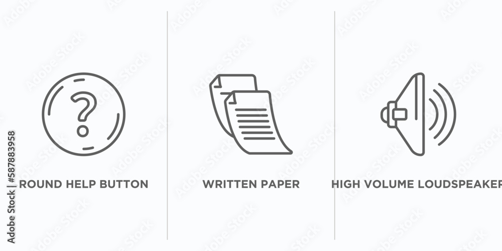 Poster user interface outline icons set. thin line icons such as round help button, written paper, high vol