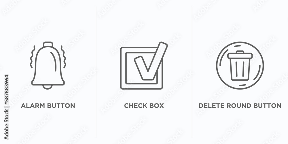 Poster user interface outline icons set. thin line icons such as alarm button, check box, delete round butt
