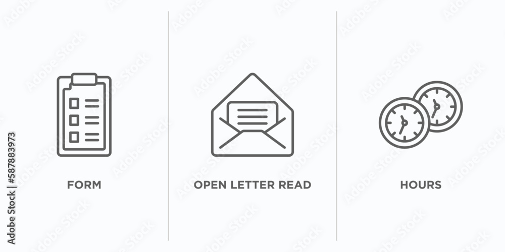 Poster user interface outline icons set. thin line icons such as form, open letter read email, hours vector