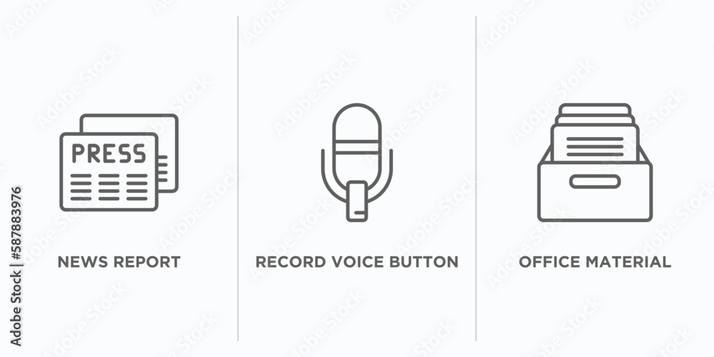 Poster user interface outline icons set. thin line icons such as news report, record voice button, office m