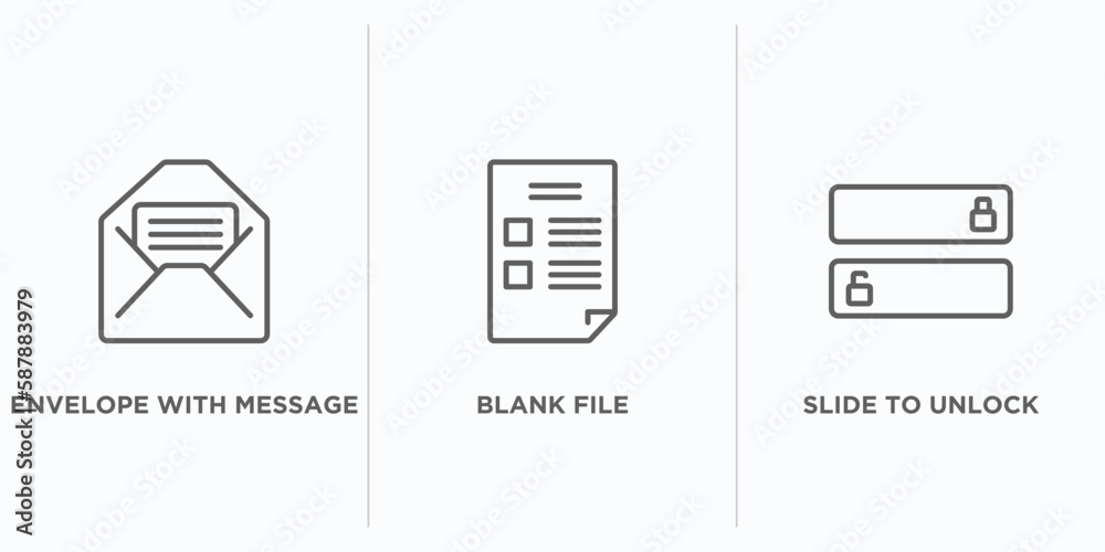 Poster user interface outline icons set. thin line icons such as envelope with message, blank file, slide t
