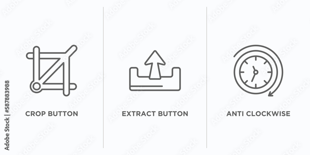 Poster user interface outline icons set. thin line icons such as crop button, extract button, anti clockwis