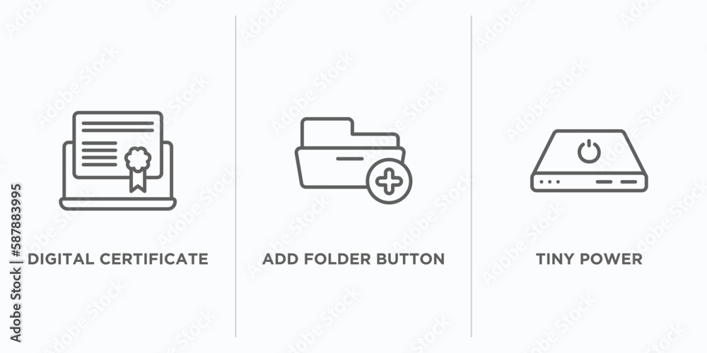 Poster user interface outline icons set. thin line icons such as digital certificate, add folder button, ti