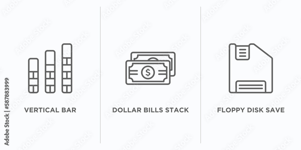 Poster user interface outline icons set. thin line icons such as vertical bar, dollar bills stack, floppy d