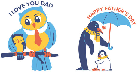 I love you to the moon and back. Cute cartoon penguins with an umbrella. Father's Day 