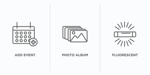 user interface outline icons set. thin line icons such as add event, photo album, fluorescent vector. linear icon sheet can be used web and mobile