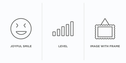 user interface outline icons set. thin line icons such as joyful smile, level, image with frame vector. linear icon sheet can be used web and mobile