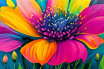 Obraz premium Water color or oil painting fine art illustration of abstract close up colorful nature and blooming floral. Flowers print digital art. Generative AI.