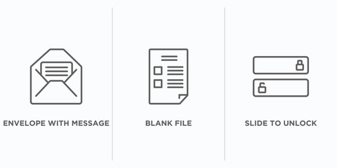 user interface outline icons set. thin line icons such as envelope with message, blank file, slide to unlock vector. linear icon sheet can be used web and mobile