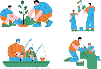 Fishermen planting trees set, flat vector illustration isolated on white background.