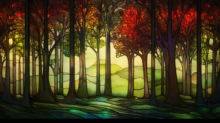 Enchanted Forest: A Luminous Stained Glass Backdrop with Towering Trees - obrazy, fototapety, plakaty