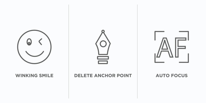 user interface outline icons set. thin line icons such as winking smile, delete anchor point, auto focus vector. linear icon sheet can be used web and mobile