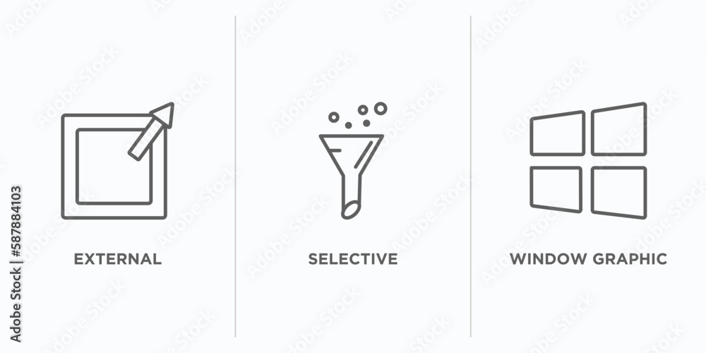Poster user interface outline icons set. thin line icons such as external, selective, window graphic vector