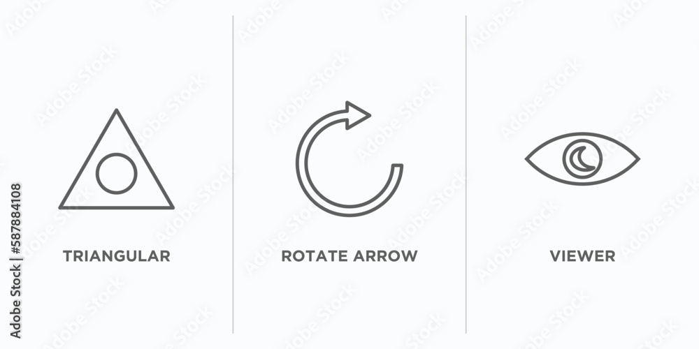 Poster user interface outline icons set. thin line icons such as triangular, rotate arrow, viewer vector. l