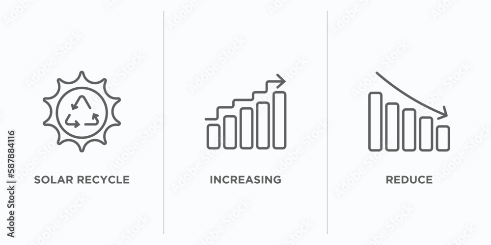 Poster user interface outline icons set. thin line icons such as solar recycle, increasing, reduce vector. 