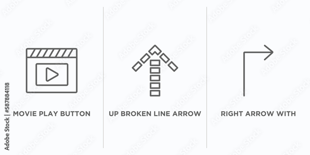 Poster user interface outline icons set. thin line icons such as movie play button, up broken line arrow, r