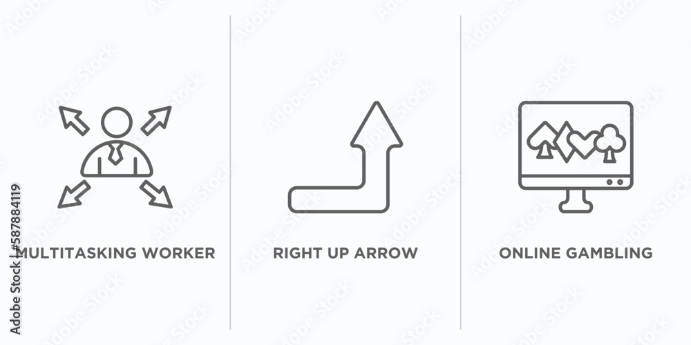 Poster user interface outline icons set. thin line icons such as multitasking worker, right up arrow, onlin