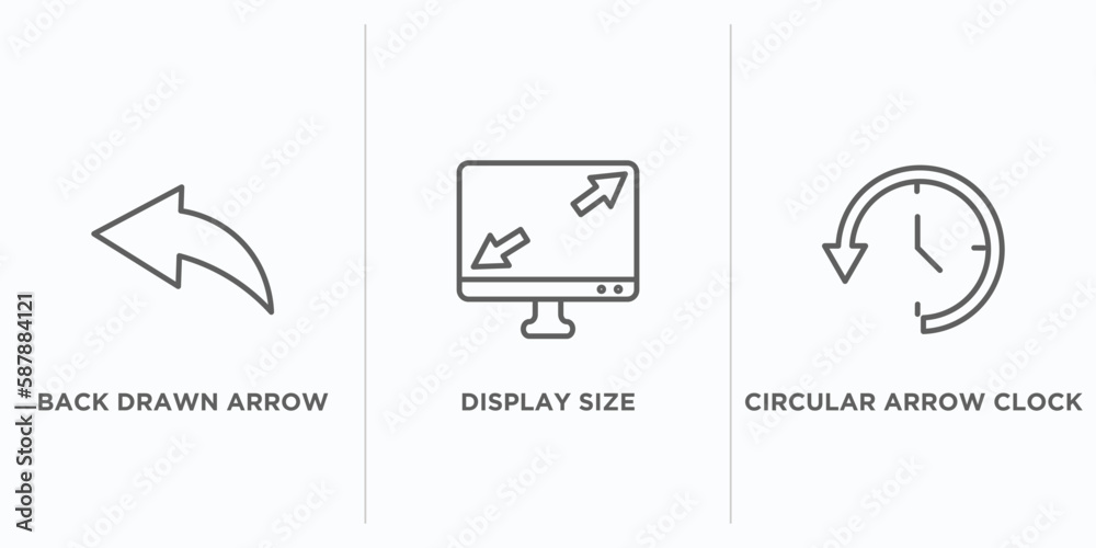 Poster user interface outline icons set. thin line icons such as back drawn arrow, display size, circular a