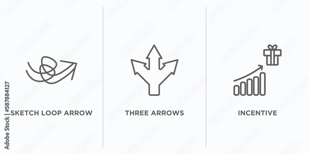 Poster user interface outline icons set. thin line icons such as sketch loop arrow, three arrows, incentive