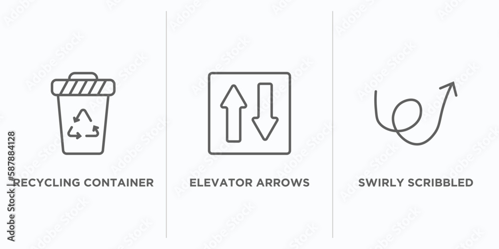 Poster user interface outline icons set. thin line icons such as recycling container, elevator arrows, swir