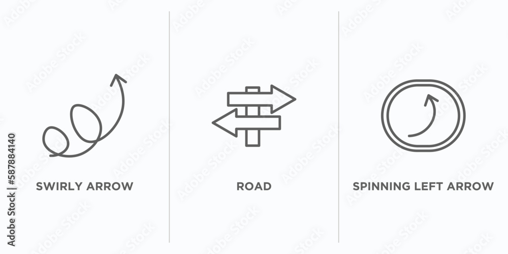 Poster user interface outline icons set. thin line icons such as swirly arrow, road, spinning left arrow ve