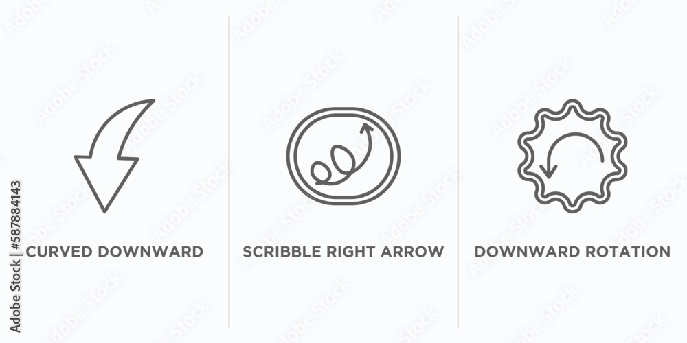 Poster user interface outline icons set. thin line icons such as curved downward arrow, scribble right arro