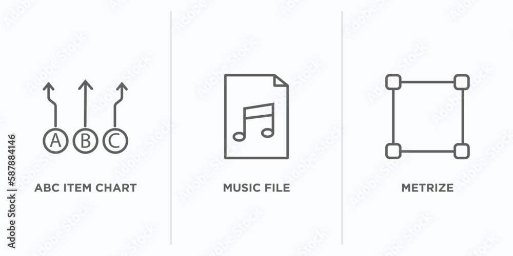 Poster user interface outline icons set. thin line icons such as abc item chart, music file, metrize vector