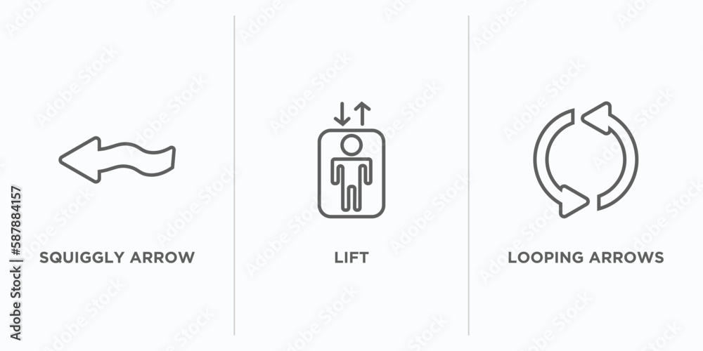 Poster user interface outline icons set. thin line icons such as squiggly arrow, lift, looping arrows vecto