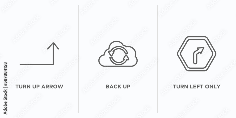 Poster user interface outline icons set. thin line icons such as turn up arrow, back up, turn left only vec