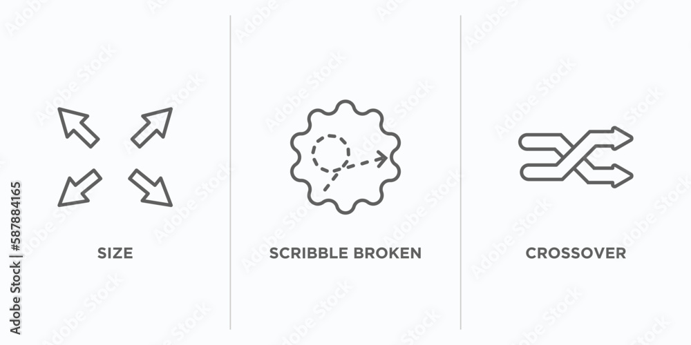 Poster user interface outline icons set. thin line icons such as size, scribble broken line, crossover vect