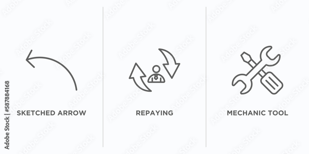 Poster user interface outline icons set. thin line icons such as sketched arrow, repaying, mechanic tool ve
