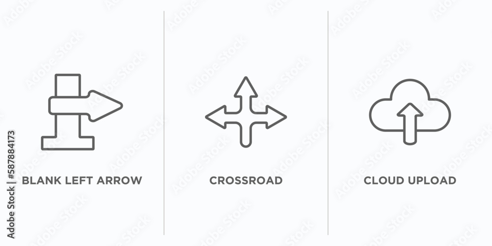 Poster user interface outline icons set. thin line icons such as blank left arrow, crossroad, cloud upload 