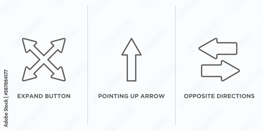 Poster user interface outline icons set. thin line icons such as expand button, pointing up arrow, opposite