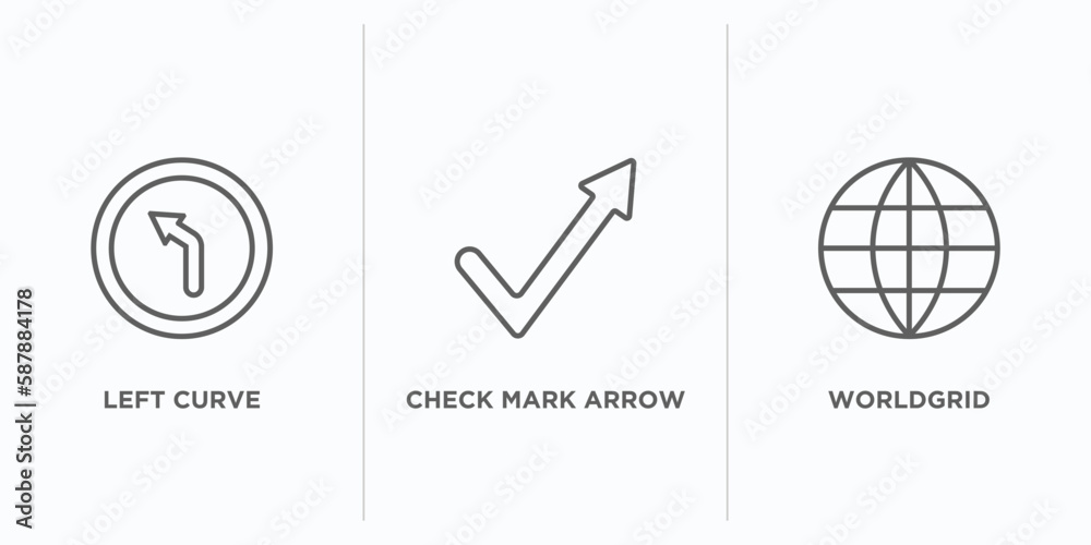 Poster user interface outline icons set. thin line icons such as left curve, check mark arrow, worldgrid ve