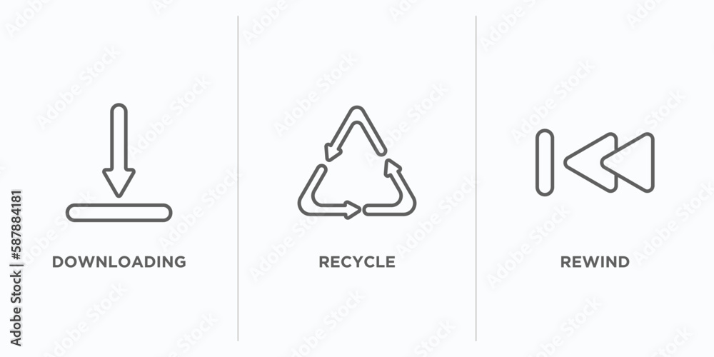 Poster user interface outline icons set. thin line icons such as downloading, recycle, rewind vector. linea