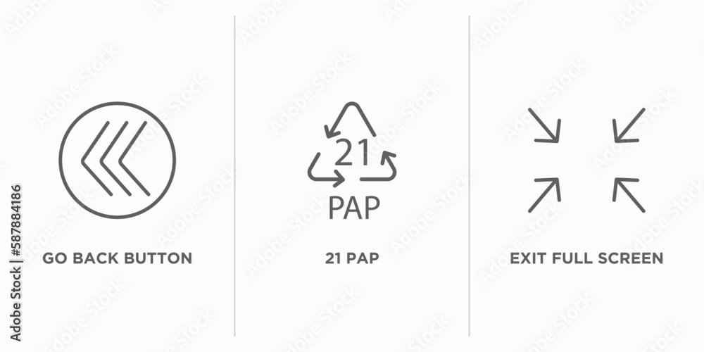 Poster user interface outline icons set. thin line icons such as go back button, 21 pap, exit full screen a