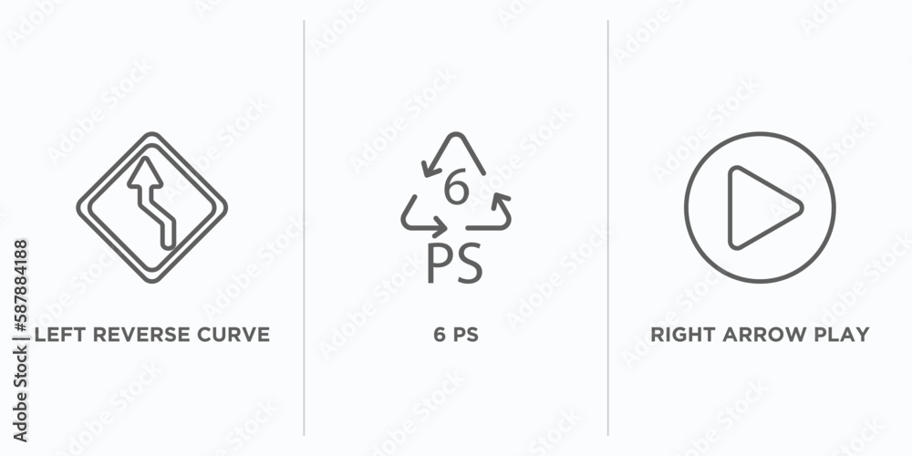 Poster user interface outline icons set. thin line icons such as left reverse curve, 6 ps, right arrow play