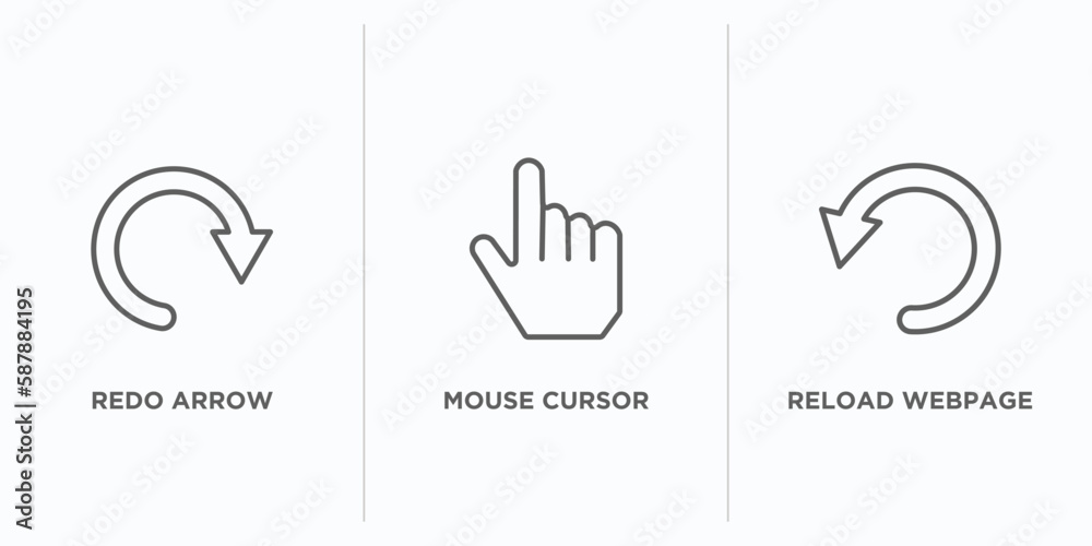 Poster user interface outline icons set. thin line icons such as redo arrow, mouse cursor, reload webpage v