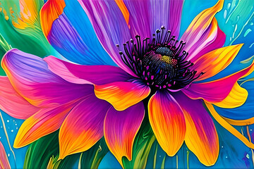 Obraz premium Water color or oil painting fine art illustration of abstract close up colorful nature and blooming floral. Flowers print digital art. Generative AI.