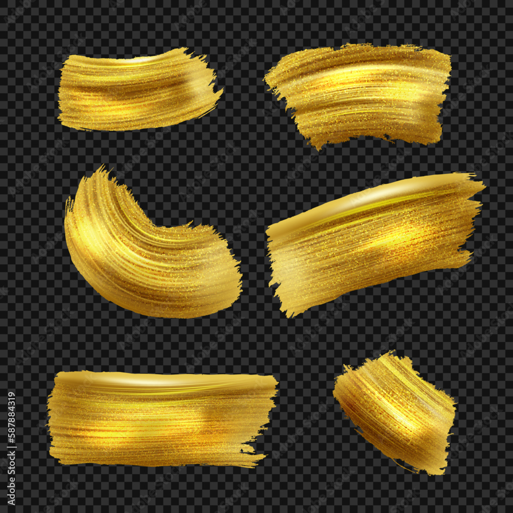 Poster gold paint brush stroke. glittering smears. christmas golden elements set. abstract color brushstrok