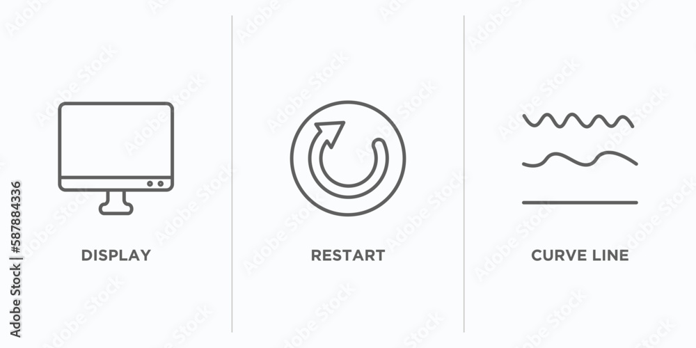 Poster user interface outline icons set. thin line icons such as display, restart, curve line vector. linea